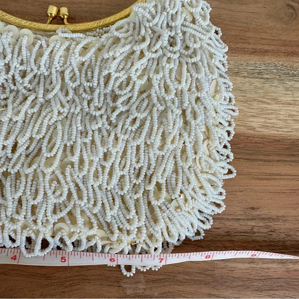 Vintage White Beaded Clutch with Gold Handle